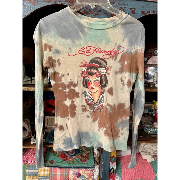 RARE VINTAGE Y2K ED HARDY TIE DYE ASIAN MOTIF LONG SLEEVED LIGHTWEIGHT TEE S - Picture 9 of 11
